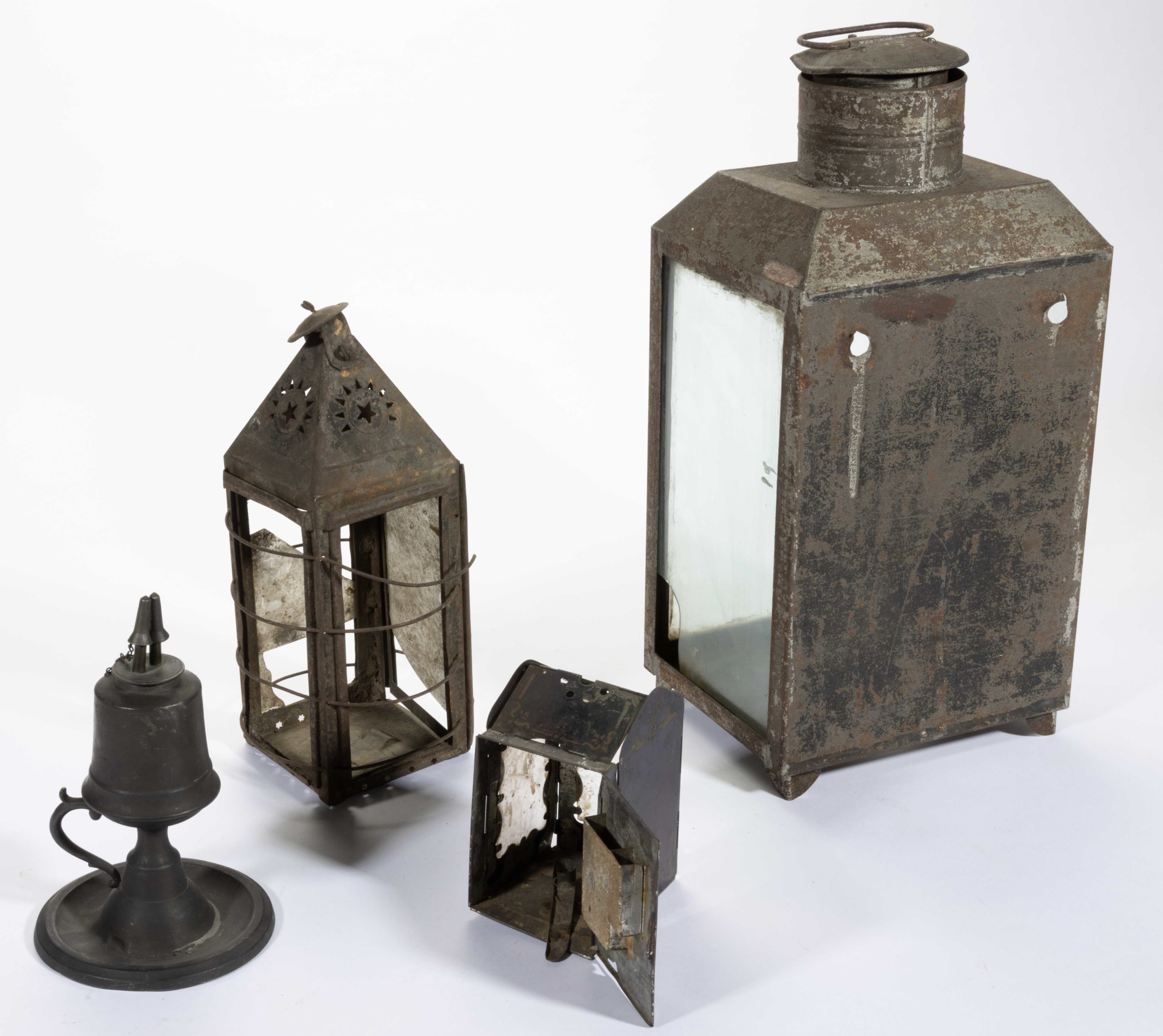 ASSORTED SHEET-IRON / PEWTER LIGHTING ARTICLES, LOT OF FOUR,