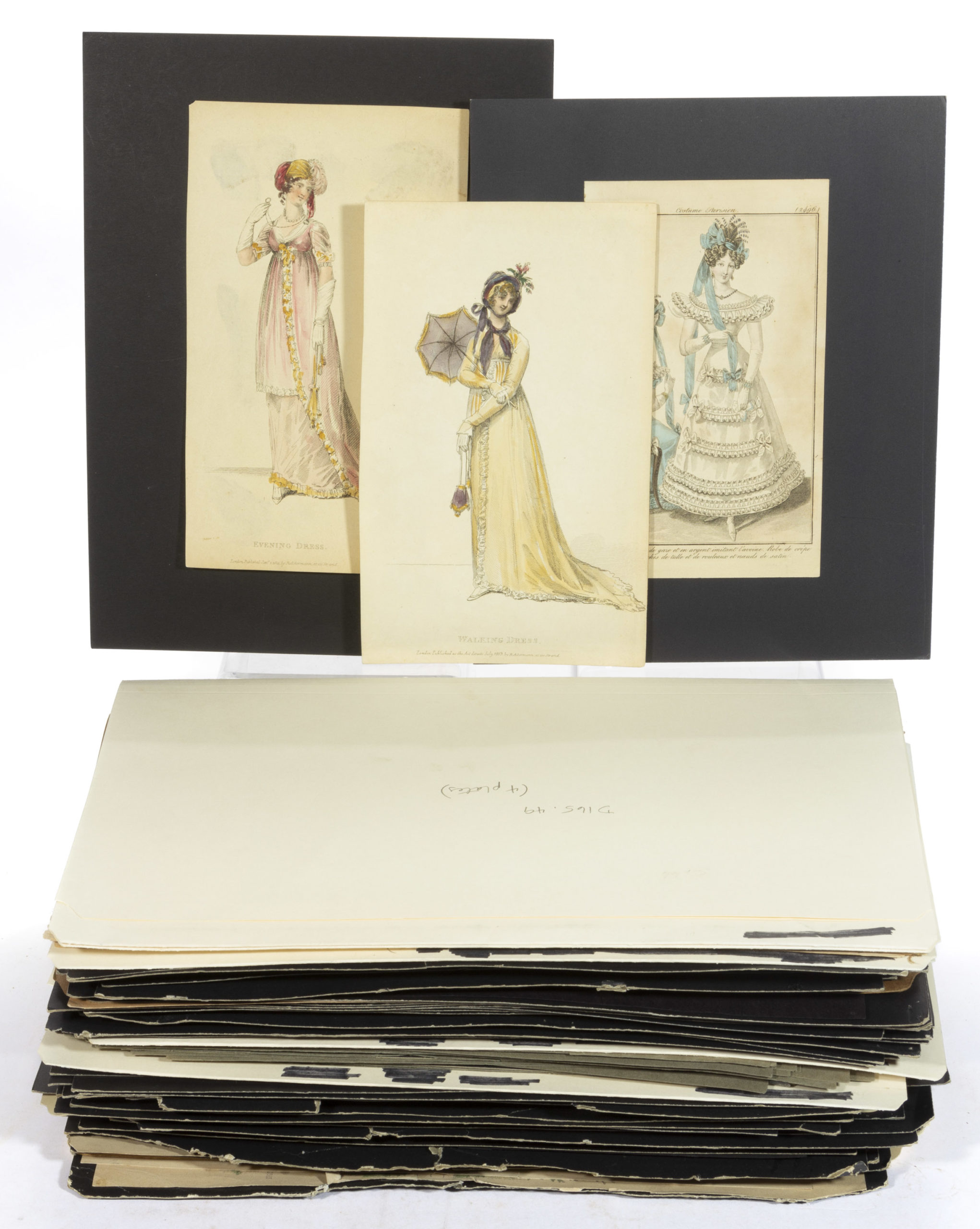 ANTIQUARIAN ENGLISH AND FRENCH FASHION PRINTS, UNCOUNTED LARGE COLLECTION,