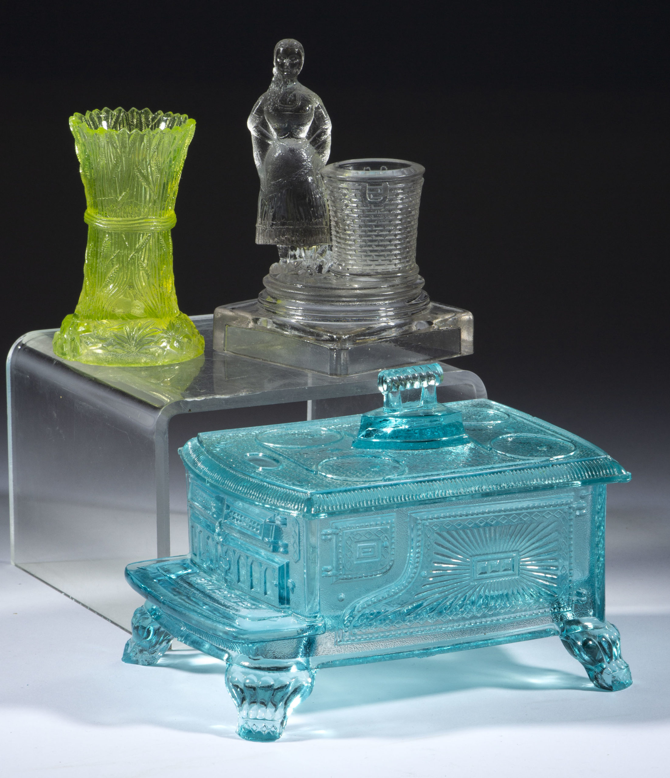 ASSORTED PRESSED NOVELTY GLASS ARTICLES, LOT OF THREE,