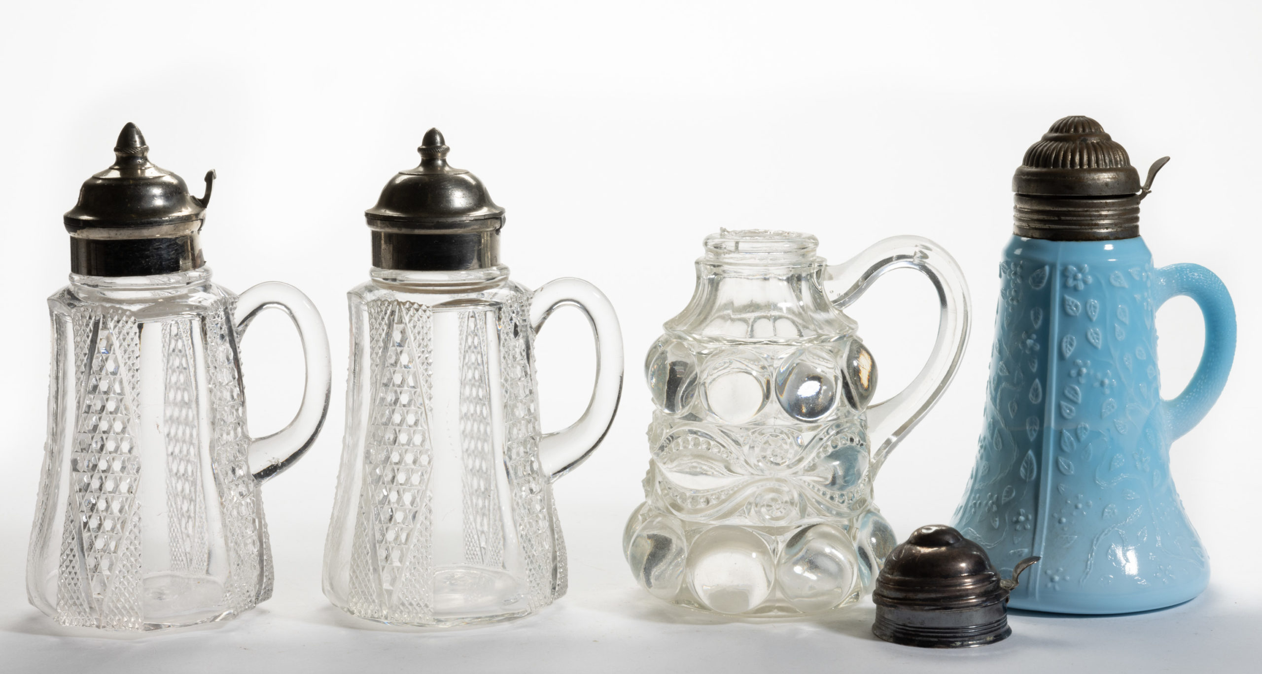 ASSORTED EAPG SYRUP PITCHERS, LOT OF FOUR,