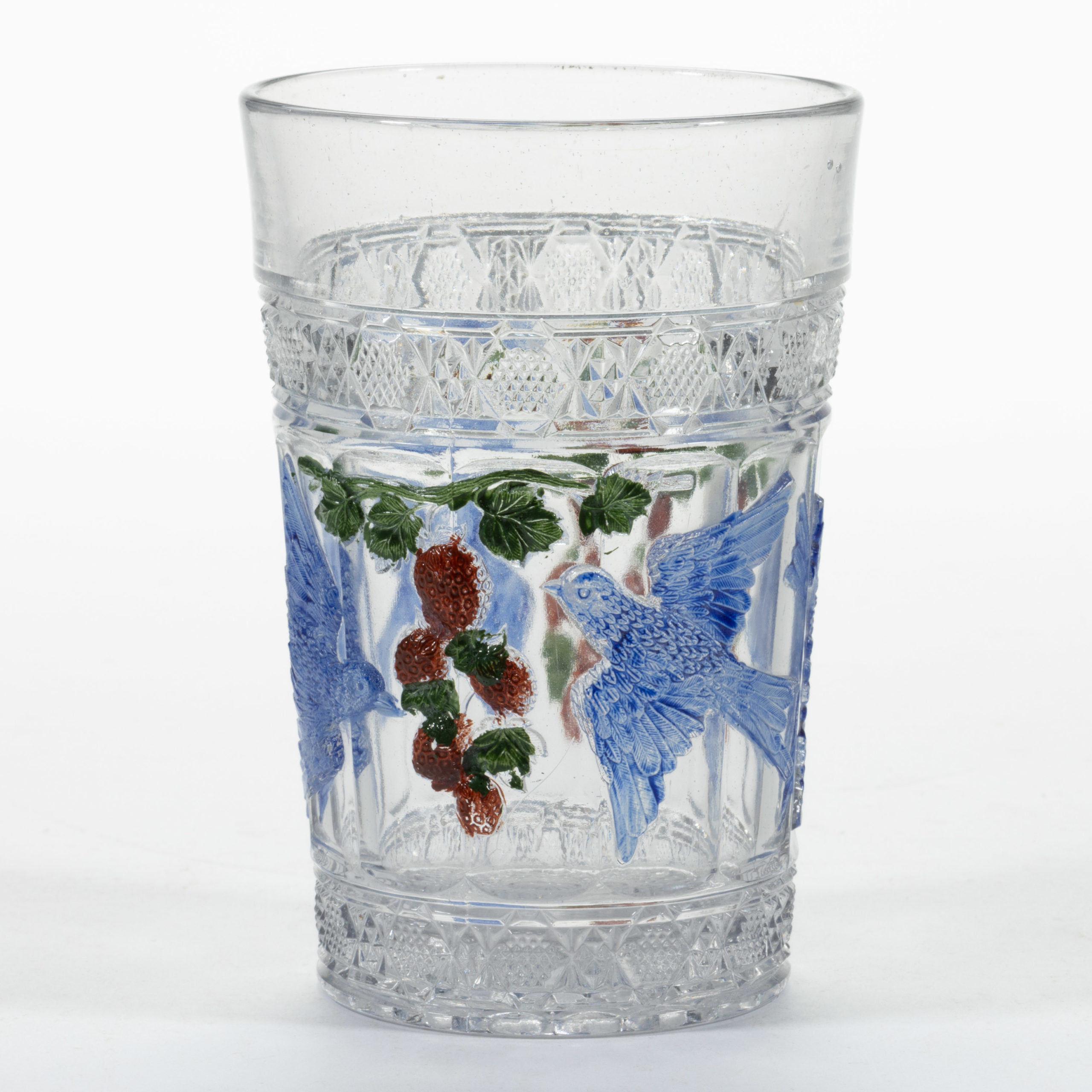 BIRD AND STRAWBERRY / INDIANA NO. 157 – STAINED TUMBLER,