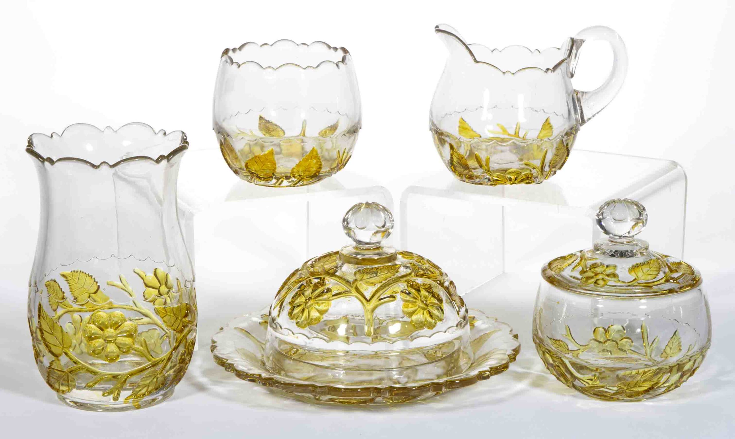 HOBBS NO. 339 / LEAF AND FLOWER – AMBER-STAINED FIVE-PIECE TABLE SET,