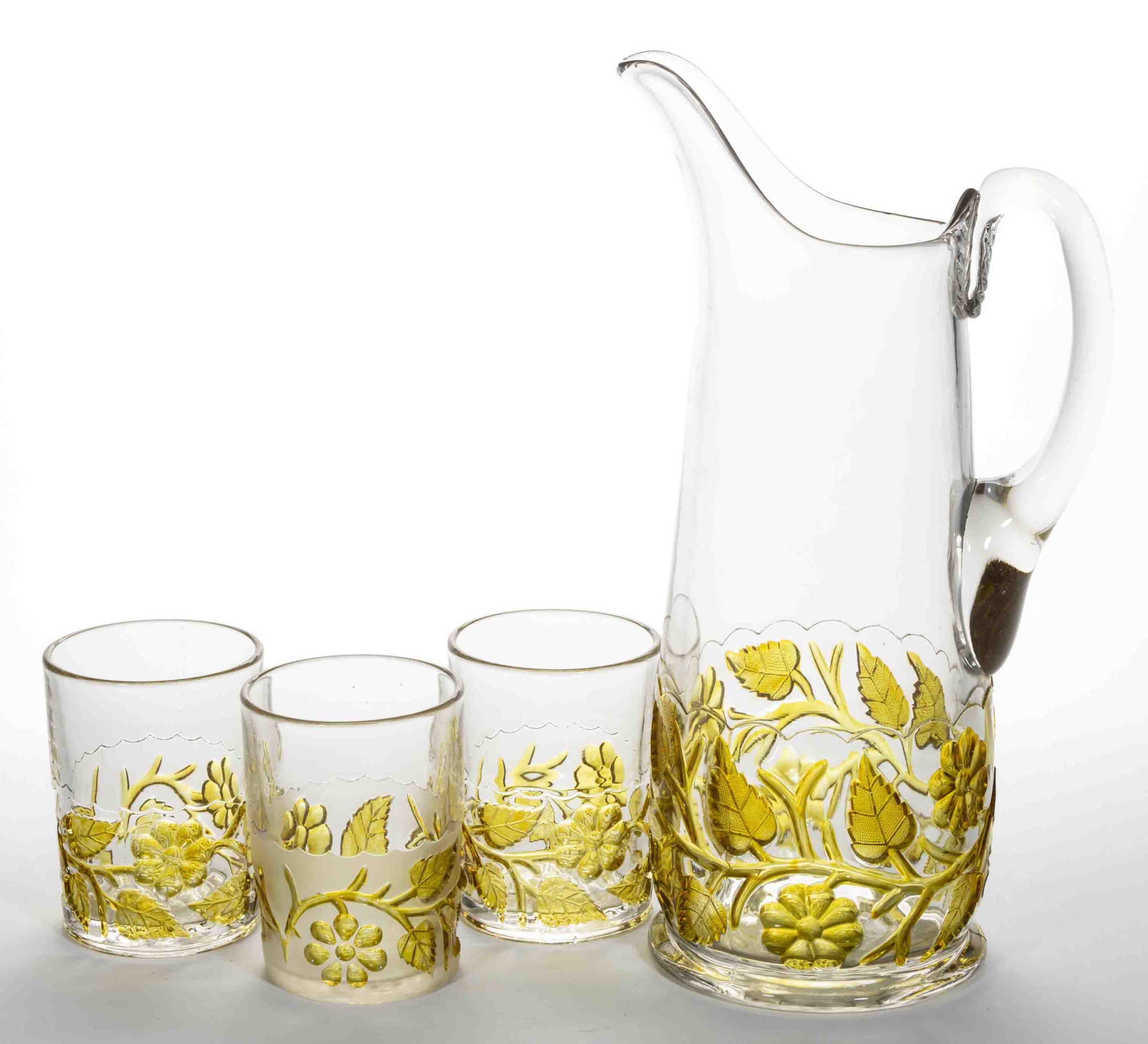 HOBBS NO. 339 / LEAF AND FLOWER – AMBER-STAINED THREE-PIECE WATER SET,