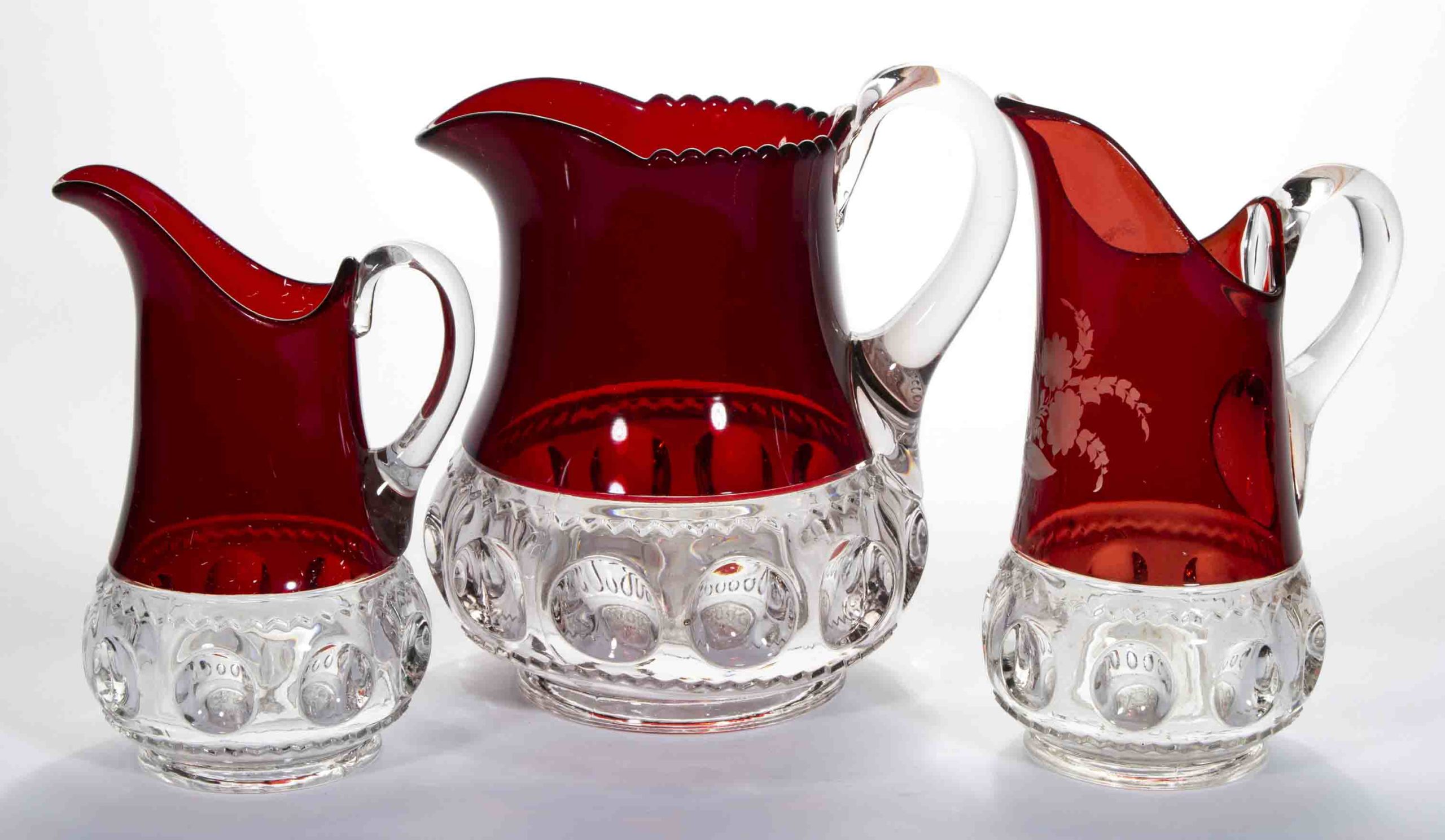 KING’S CROWN / EXCELSIOR (OMN) – RUBY-STAINED PITCHERS, LOT OF THREE,