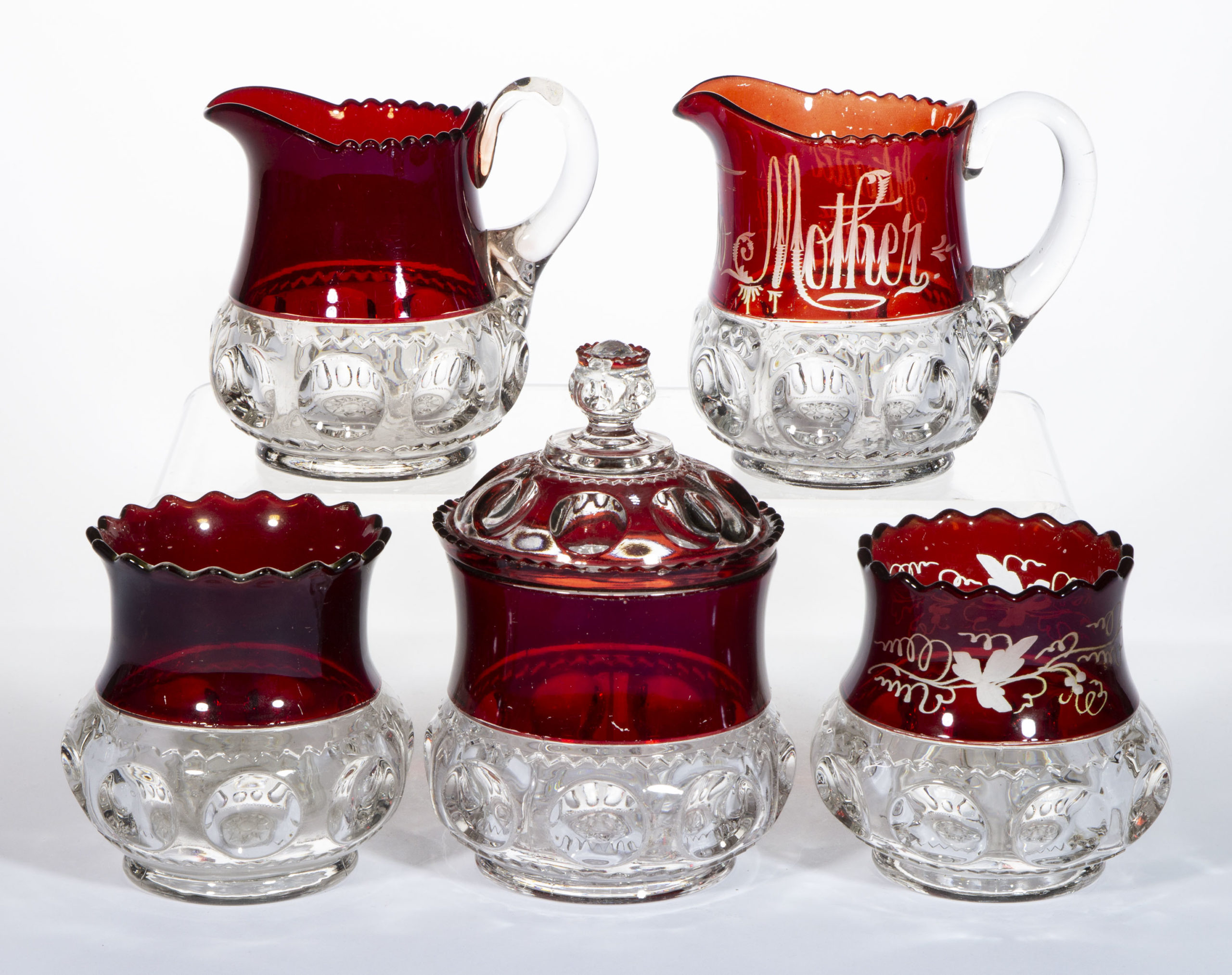 KING’S CROWN / EXCELSIOR (OMN) – RUBY-STAINED TABLE ARTICLES, LOT OF FIVE,