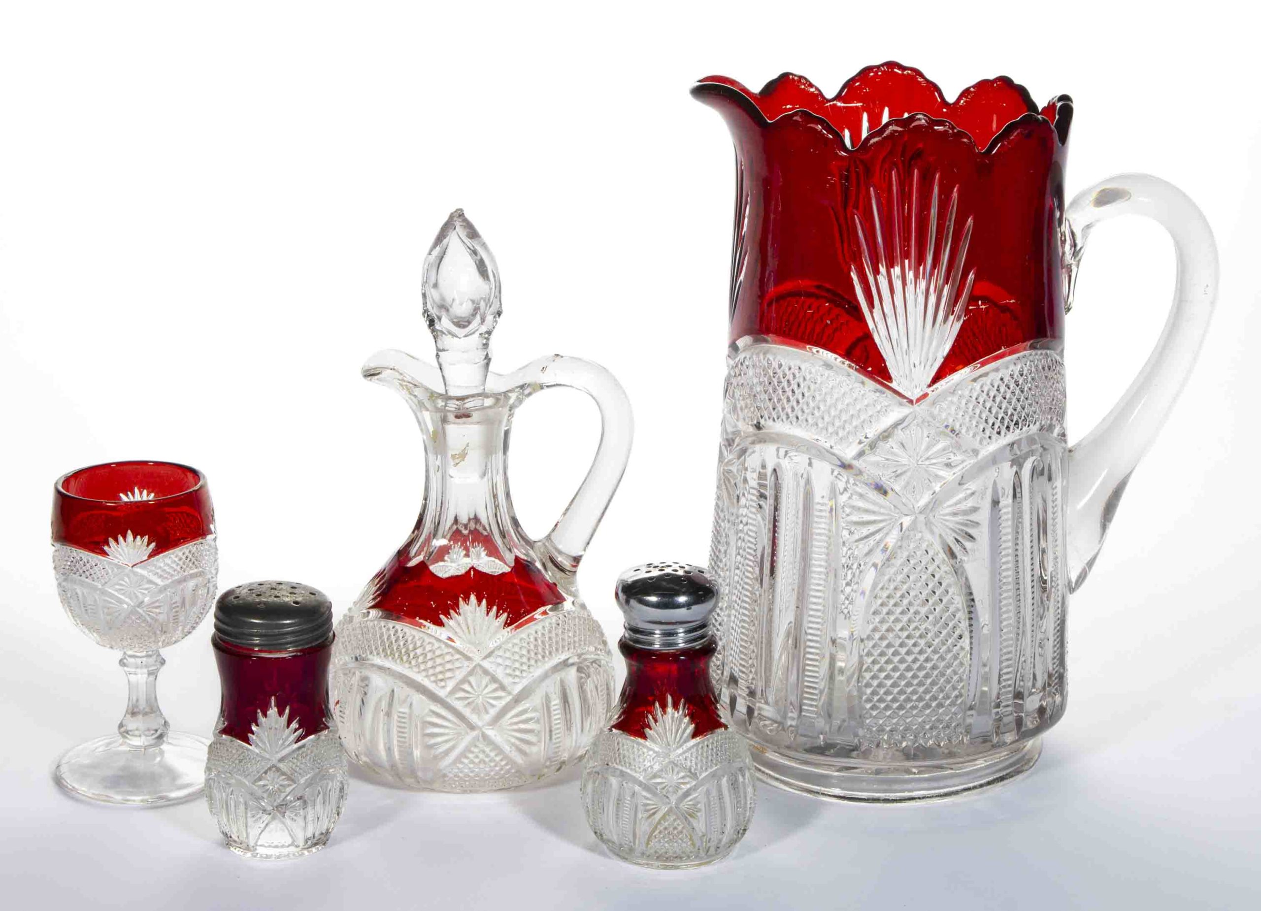 MCKEE NO. 300 / FANCY ARCH – RUBY-STAINED ARTICLES, LOT OF FIVE,