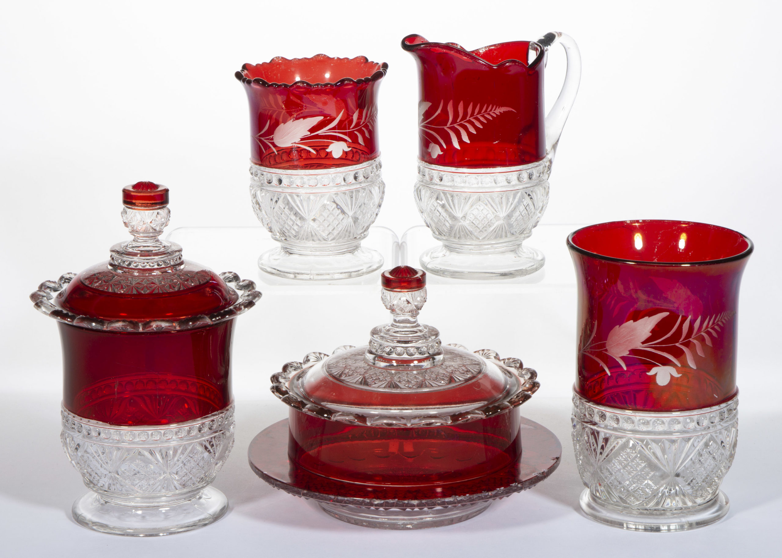 MELROSE / DIAMOND BEADED BAND – RUBY-STAINED FIVE-PIECE TABLE SET,