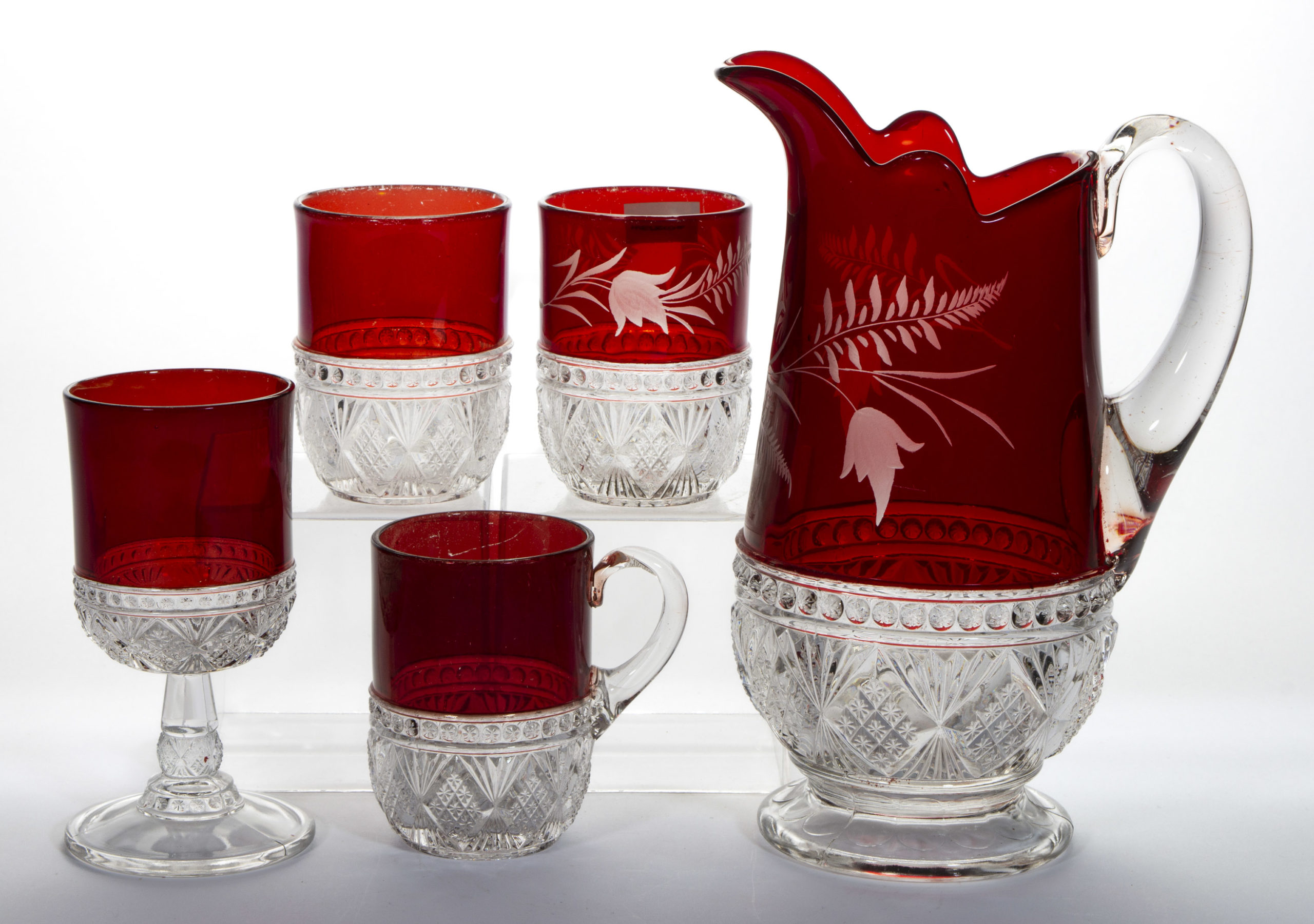 MELROSE / DIAMOND BEADED BAND – RUBY-STAINED DRINKING ARTICLES, LOT OF FIVE,