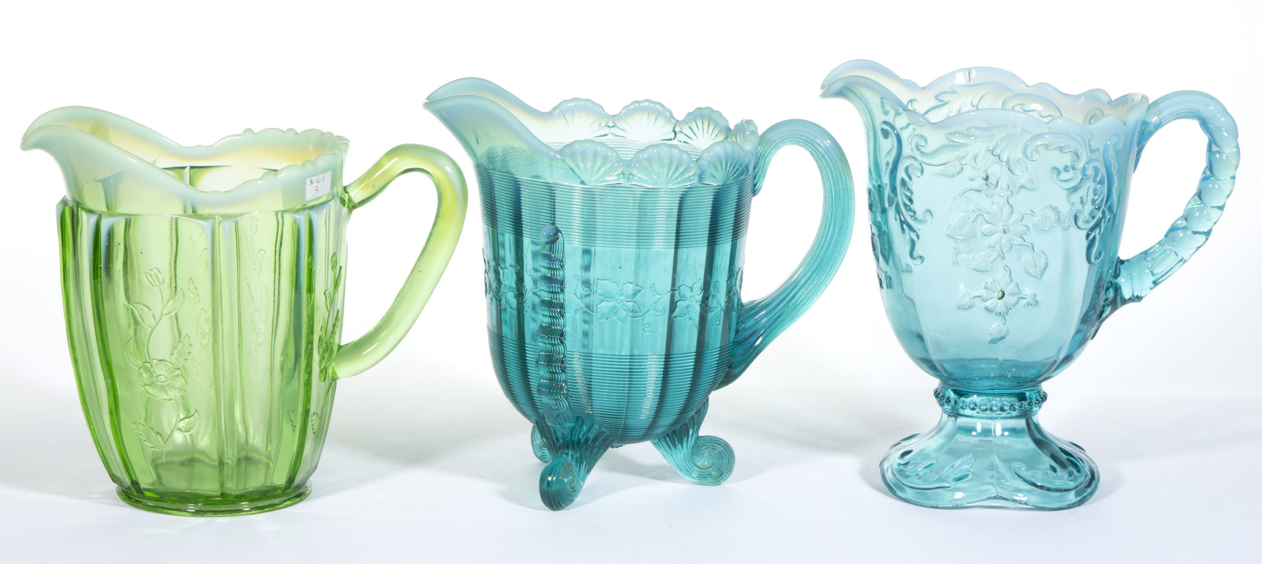 ASSORTED PRESSED OPALESCENT WATER PITCHERS, LOT OF THREE,
