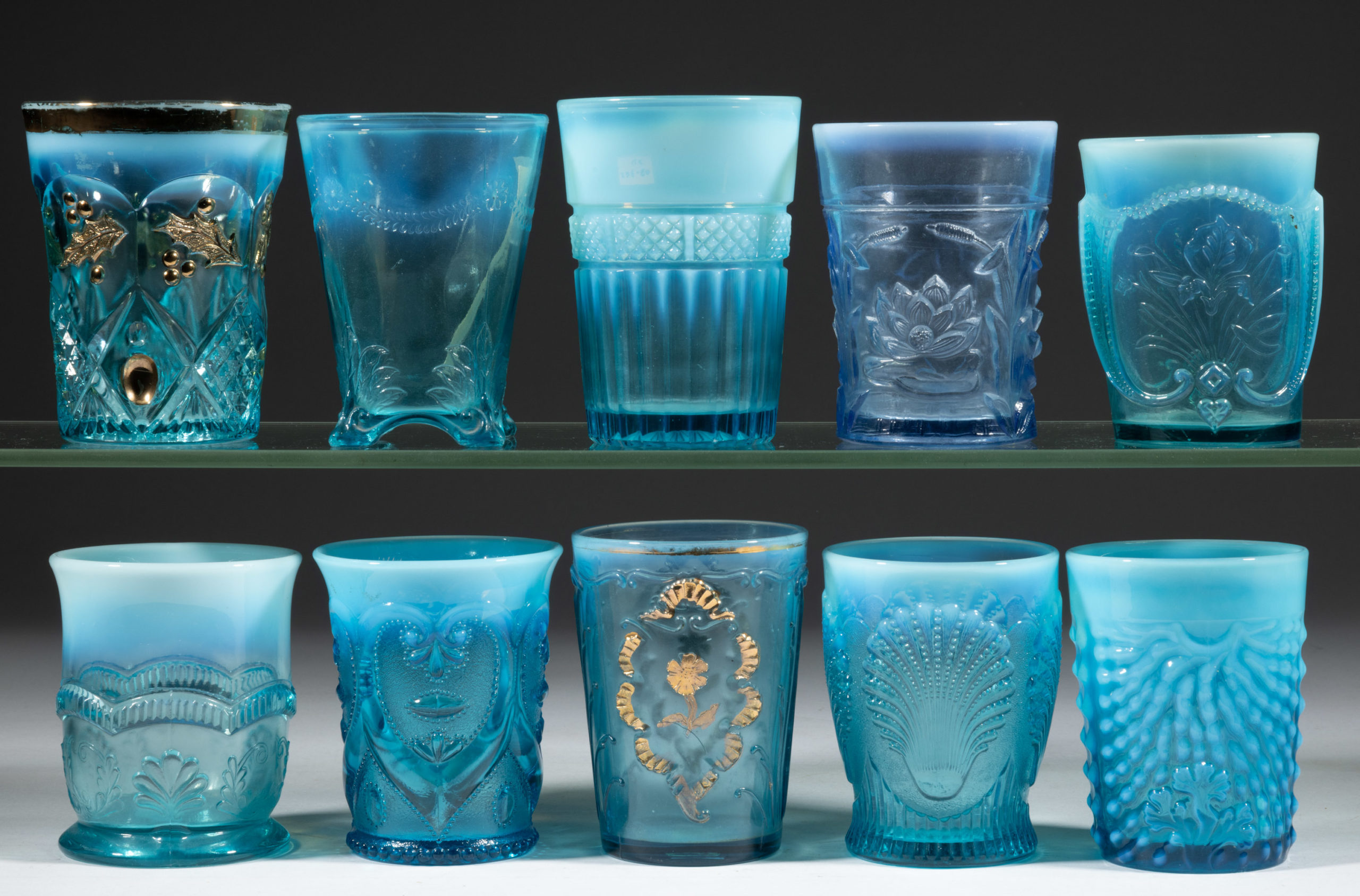 ASSORTED EAPG OPALESCENT GLASS TUMBLERS, LOT OF TEN,