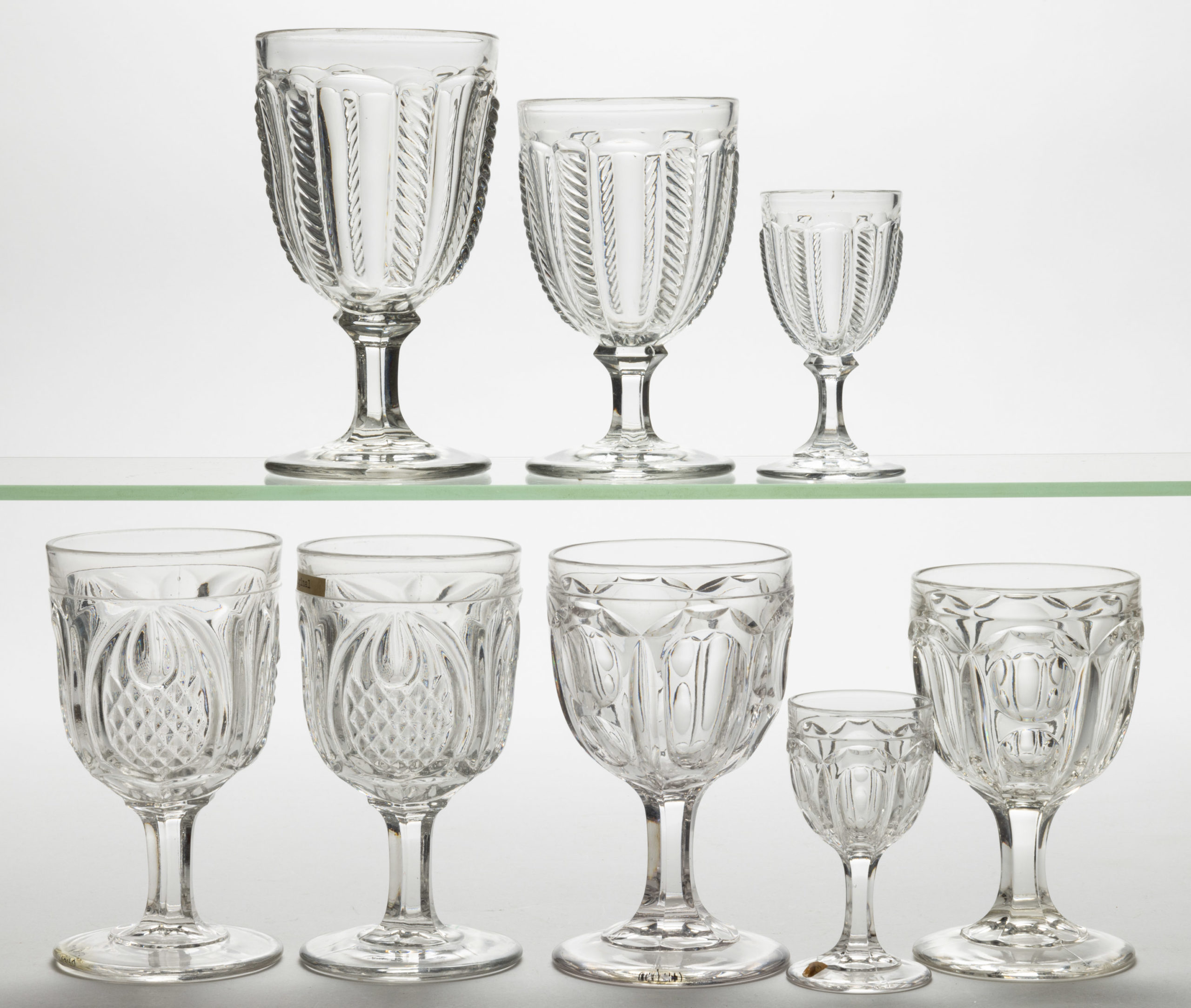 ASSORTED SANDWICH FLINT EAPG DRINKING ARTICLES, LOT OF EIGHT,