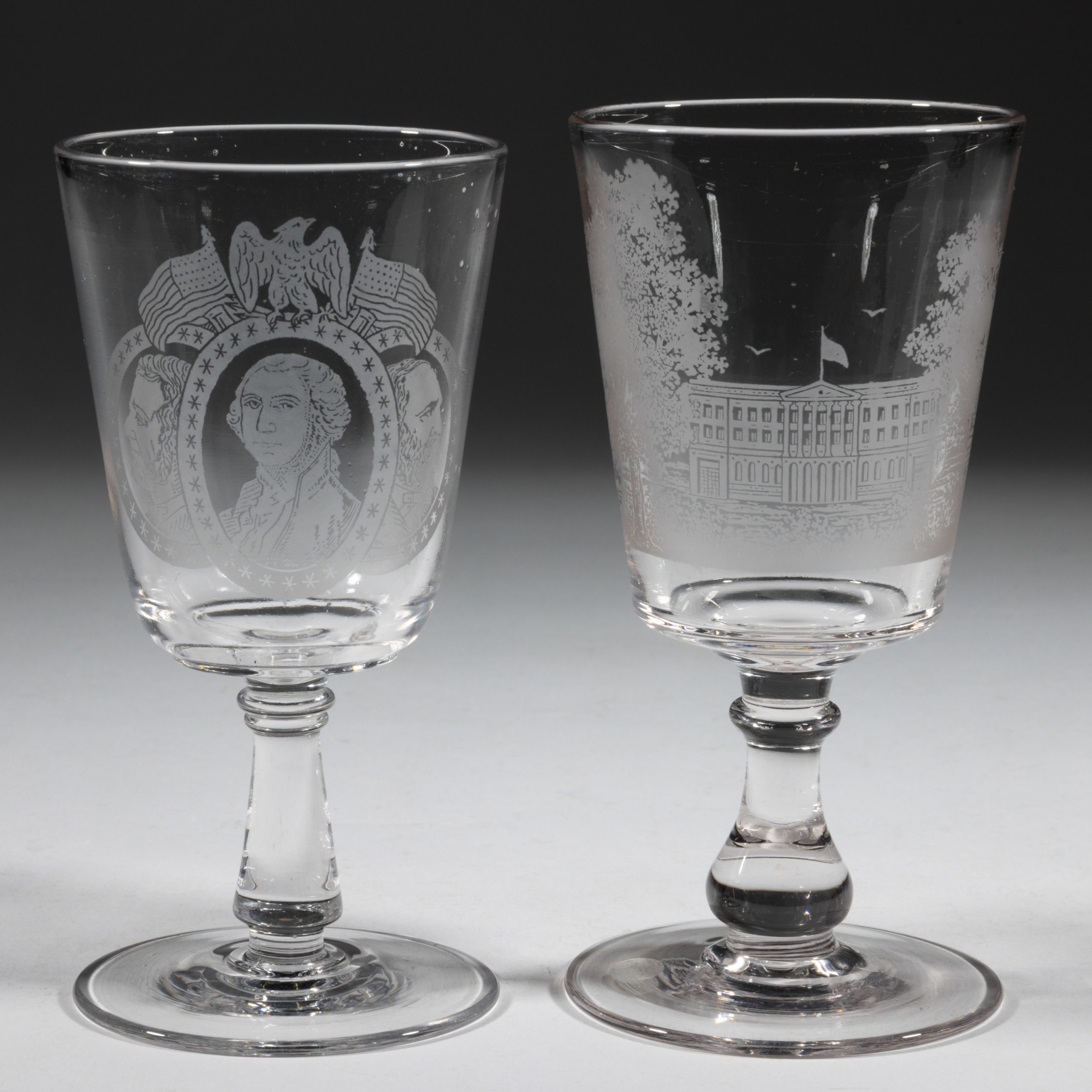 ASSORTED HISTORCIAL ETCHED GLASS GOBLETS, LOT OF TWO,