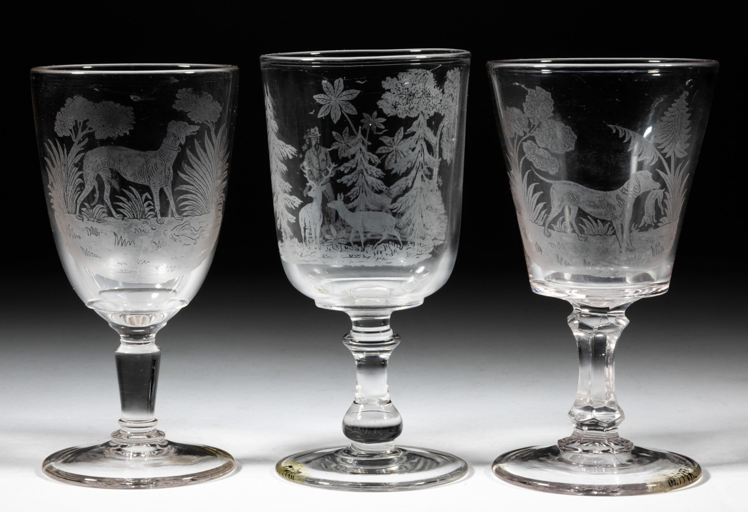 ASSORTED ACID-ETCHED GOBLETS, LOT OF THREE,