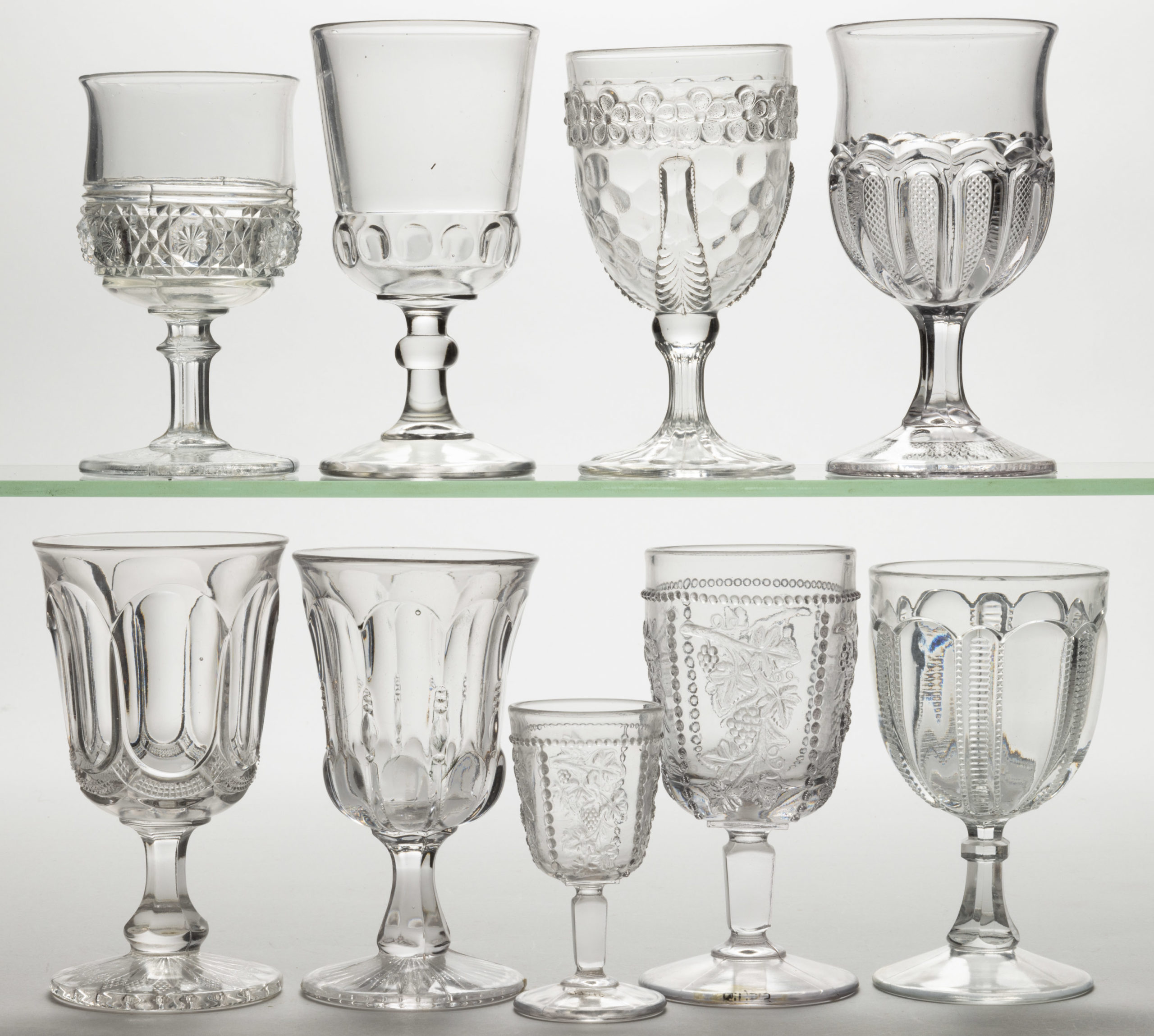 ASSORTED U. S. GLASS STATES PATTERNS EAPG DRINKING ARTICLES, LOT OF NINE,