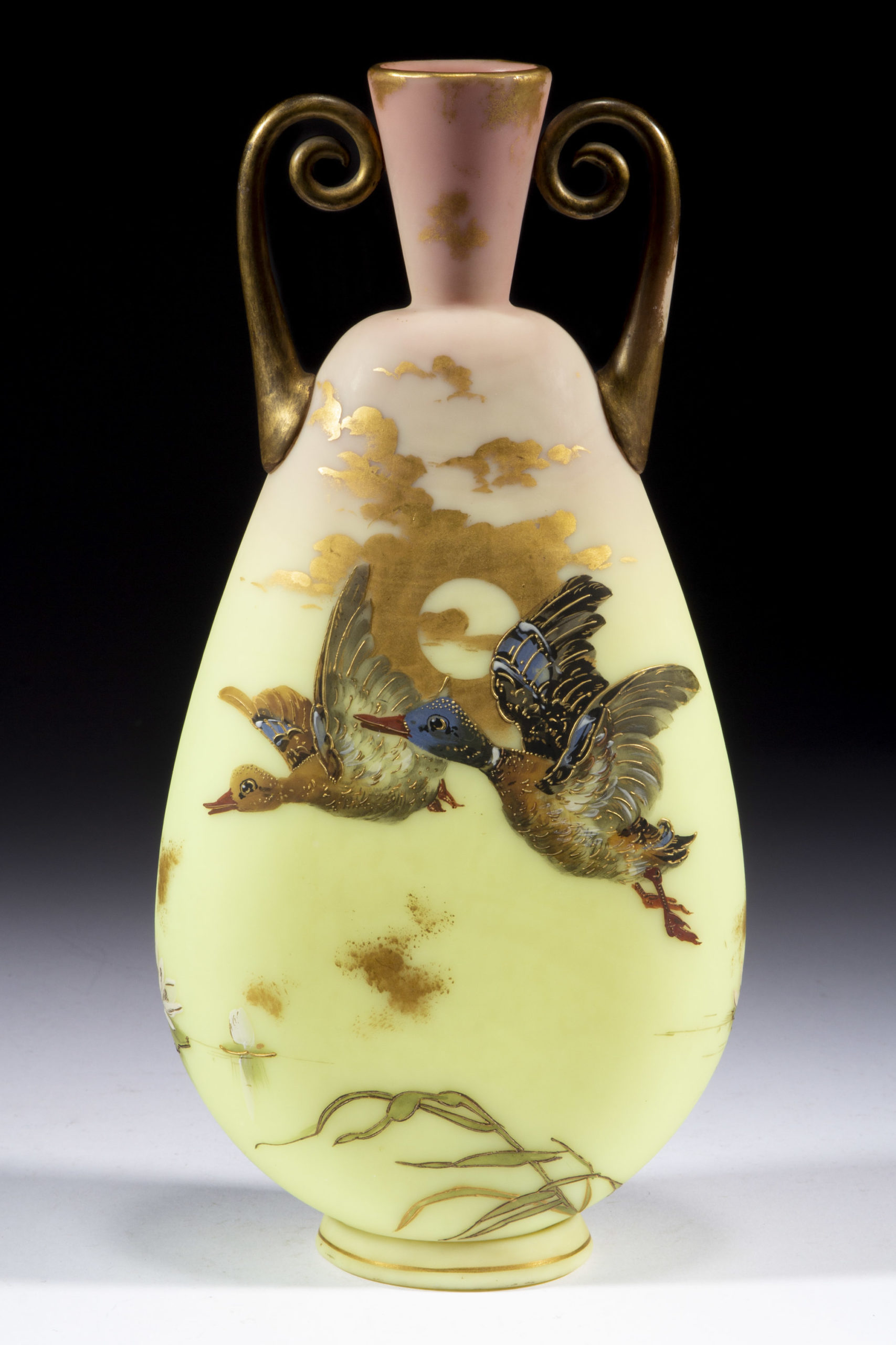 MT. WASHINGTON GUBA DUCKS DECORATED BURMESE DOUBLE-HANDLED VASE,