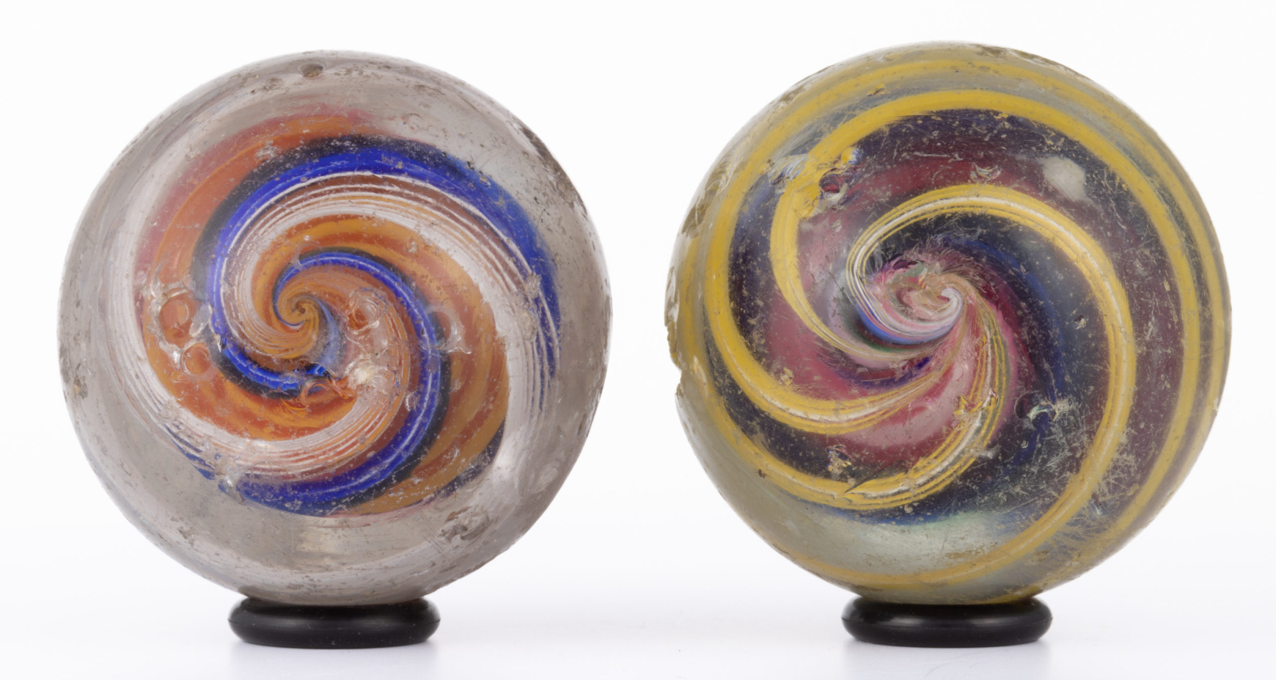 ANTIQUE TRANSPARENT SWIRL LARGE MARBLES, LOT OF TWO,