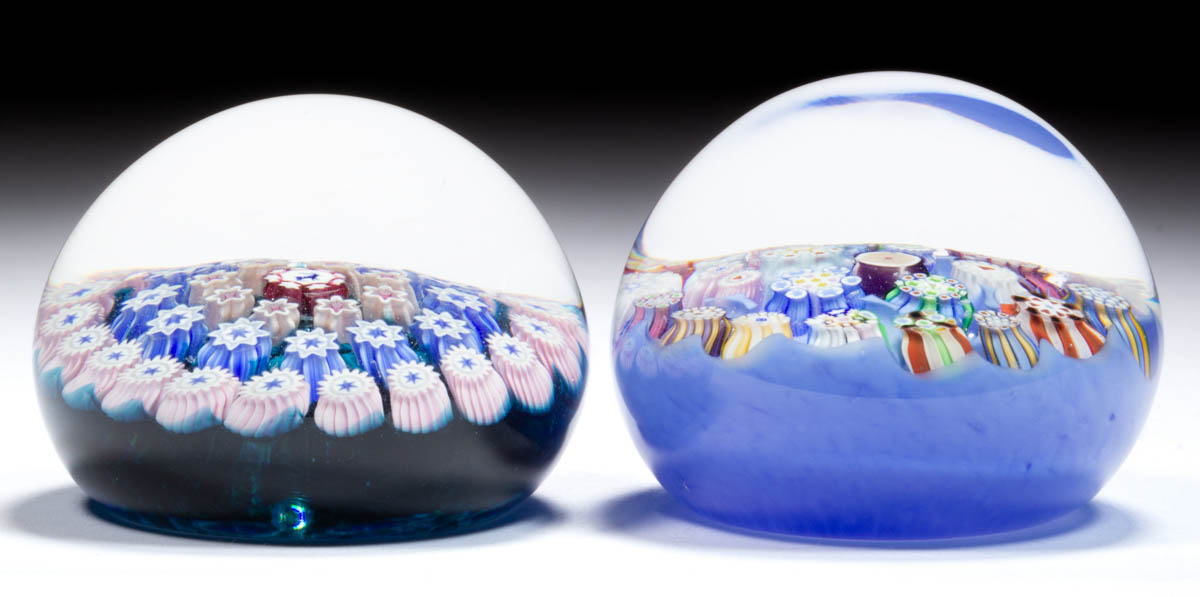 JOHN DEACONS (SCOTTISH, B. 1950) MILLEFIORI STUDIO ART GLASS MINIATURE PAPERWEIGHTS, LOT OF TWO