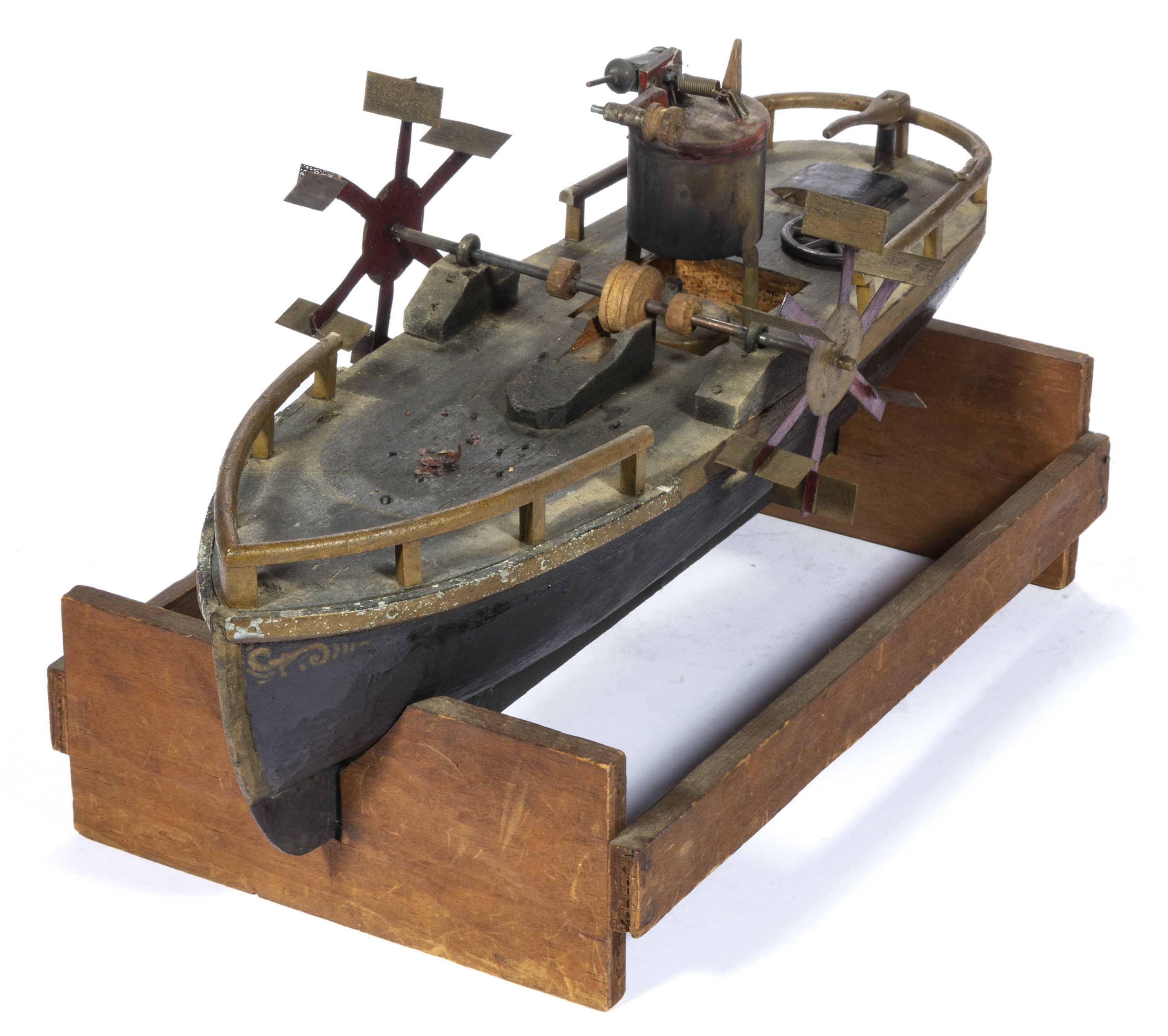 AMERICAN PAINTED WOOD AND TIN STEAM-POWERED PADDLEWHEEL SHIP TOY,