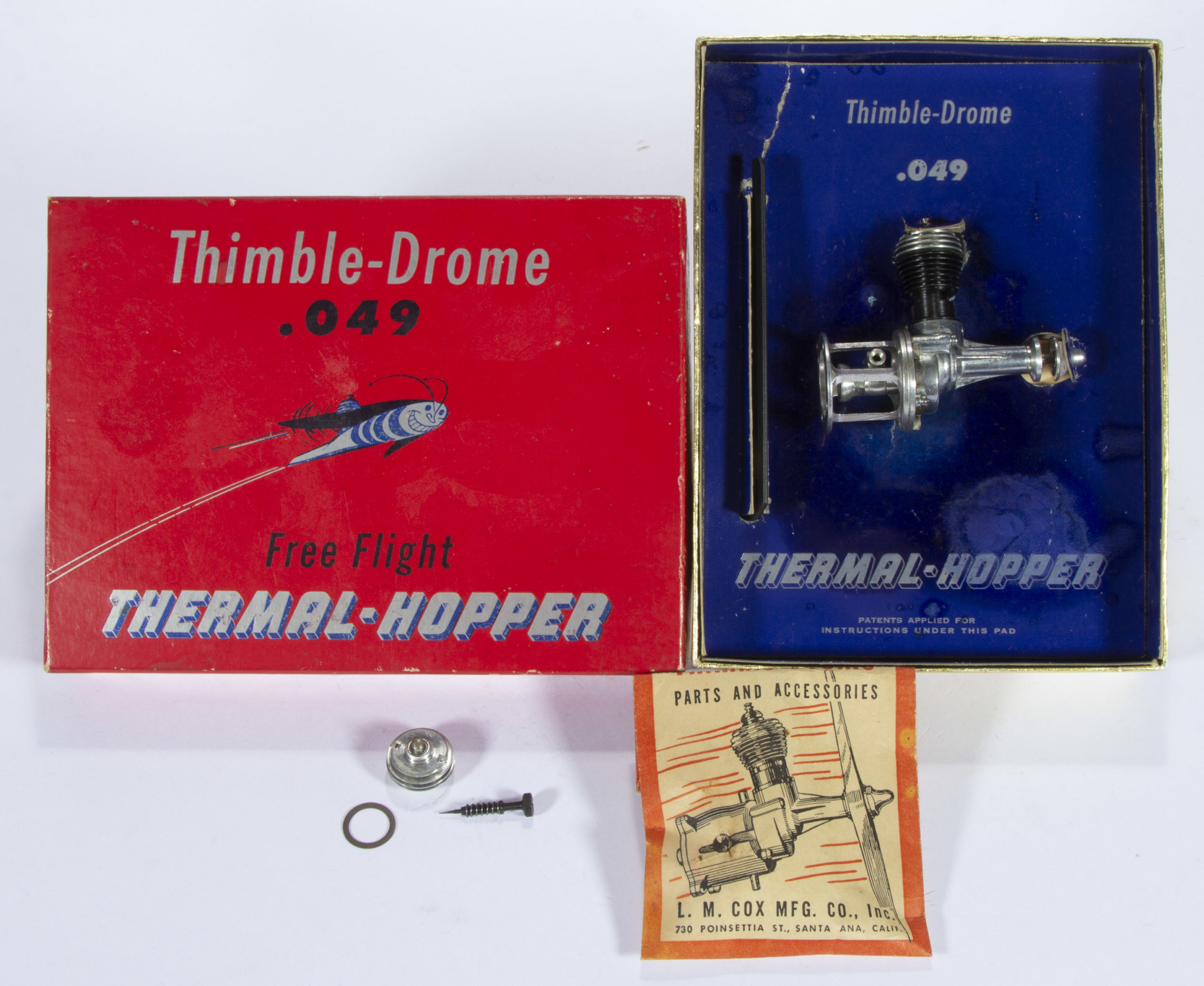L. M. COX MANUFACTURING CO. “THERMAL-HOPPER” THIMBLE DRONE .049 1953 MODEL AIRPLANE ENGINE,