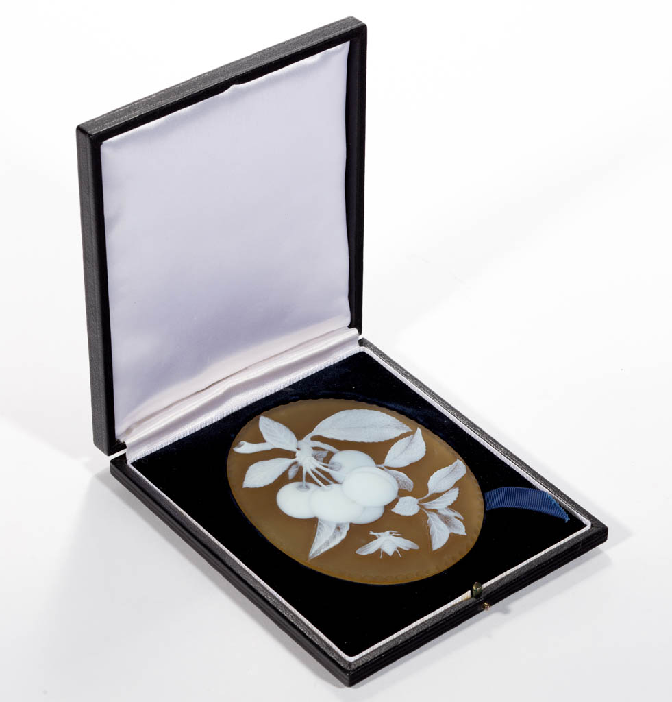 THOMAS WEBB ATTRIBUTED CHERRIES AND BEE CAMEO ART GLASS PLAQUE