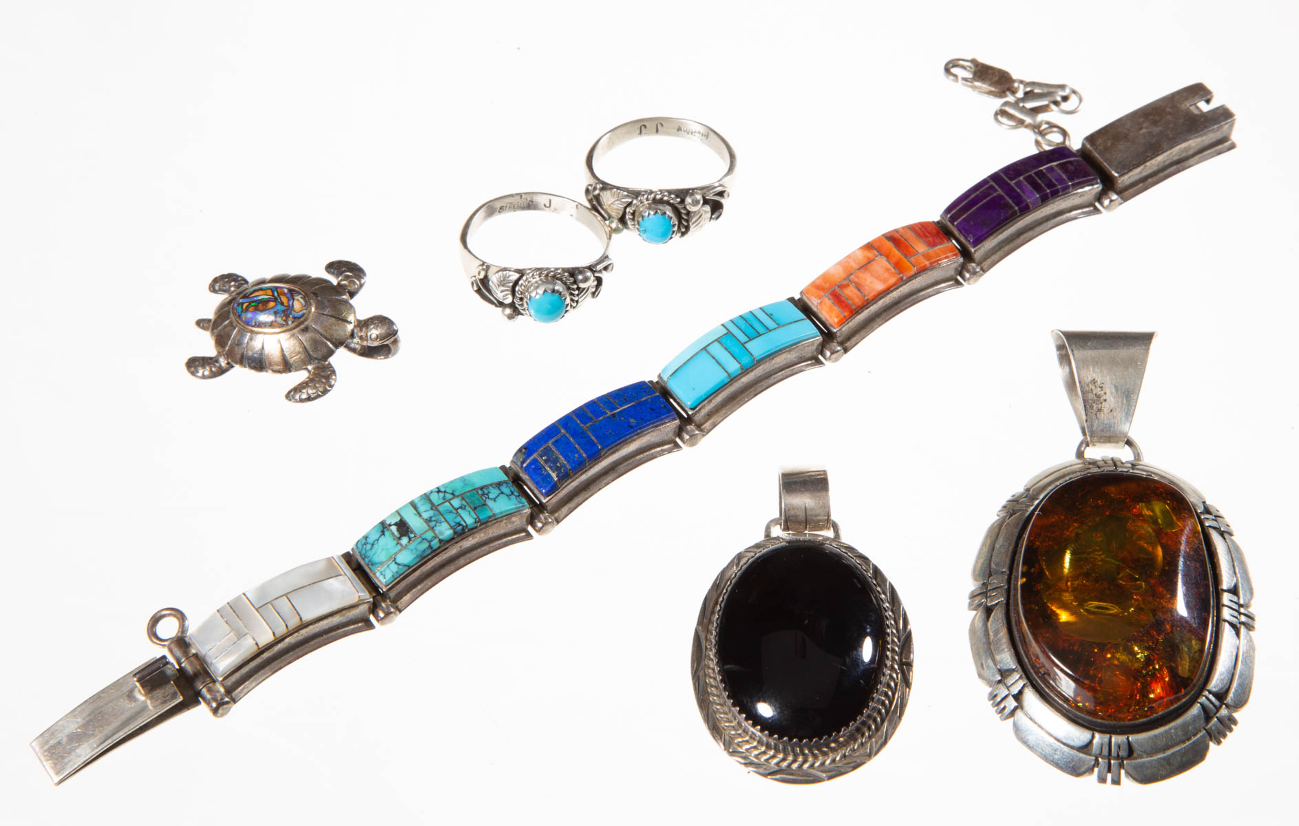 JULIAN ARVISO (NAVAJO, 1959-2011) AND OTHER MARKED STERLING SILVER JEWELRY, LOT OF SIX