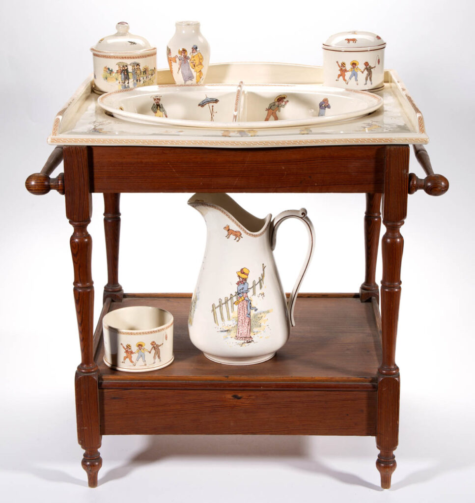 CONTINENTAL KATE GREENAWAY CHILDREN’S TOY CHAMBER / WASH SET ARTICLES, LOT OF SIX