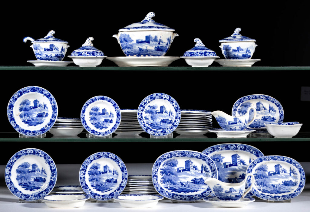 ENGLISH STAFFORDSHIRE TRANSFER PRINTED CERAMIC CHILDREN’S TOY TABLE ARTICLES, LOT OF 64