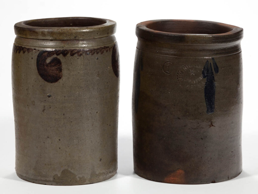 STAMPED STRASBURG, SHENANDOAH VALLEY OF VIRGINIA DECORATED STONEWARE JARS, LOT OF TWO