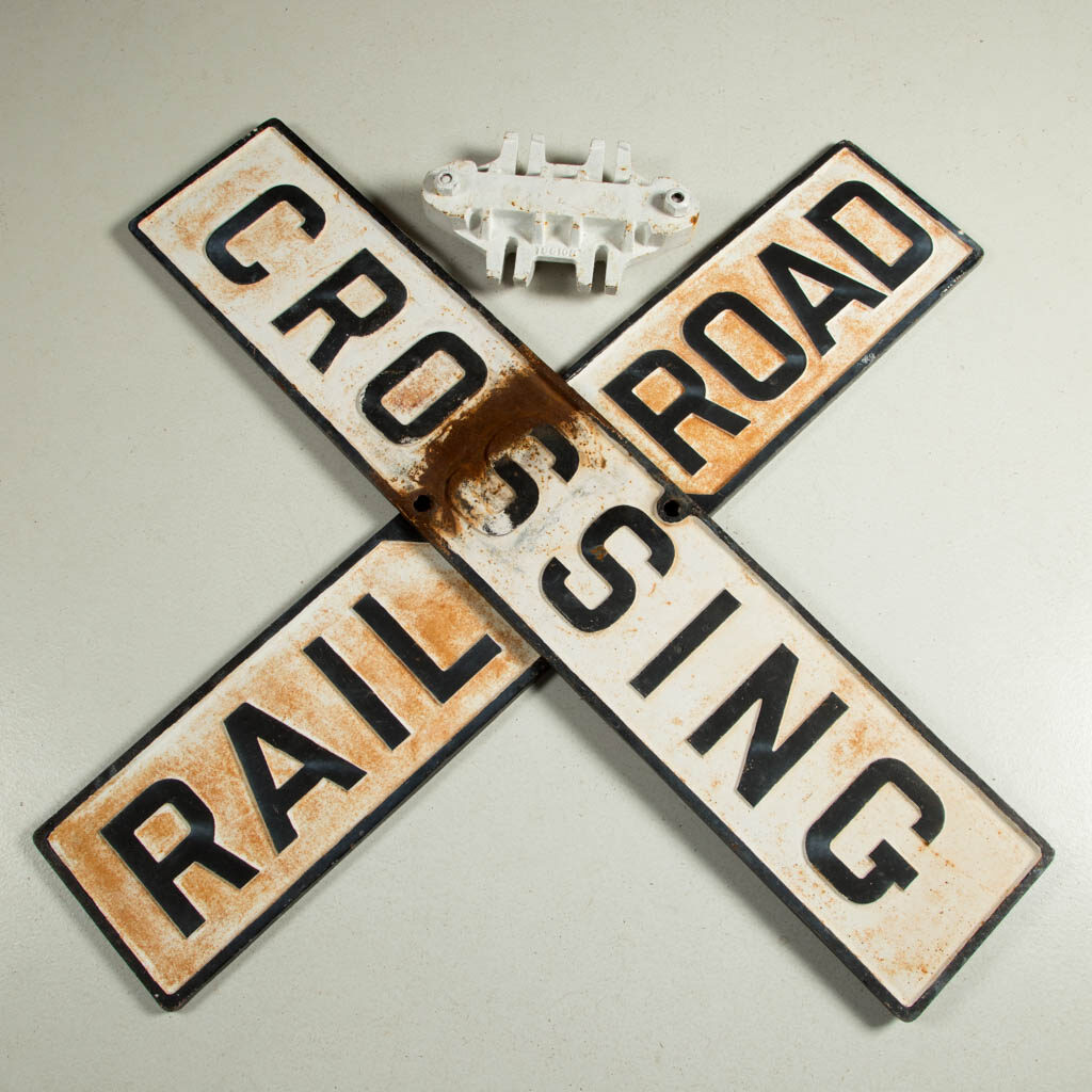PEERLESS MANUFACTURING CO. "RAILROAD CROSSING" CAST IRON RAILROAD SIGN, TWO PIECE SET