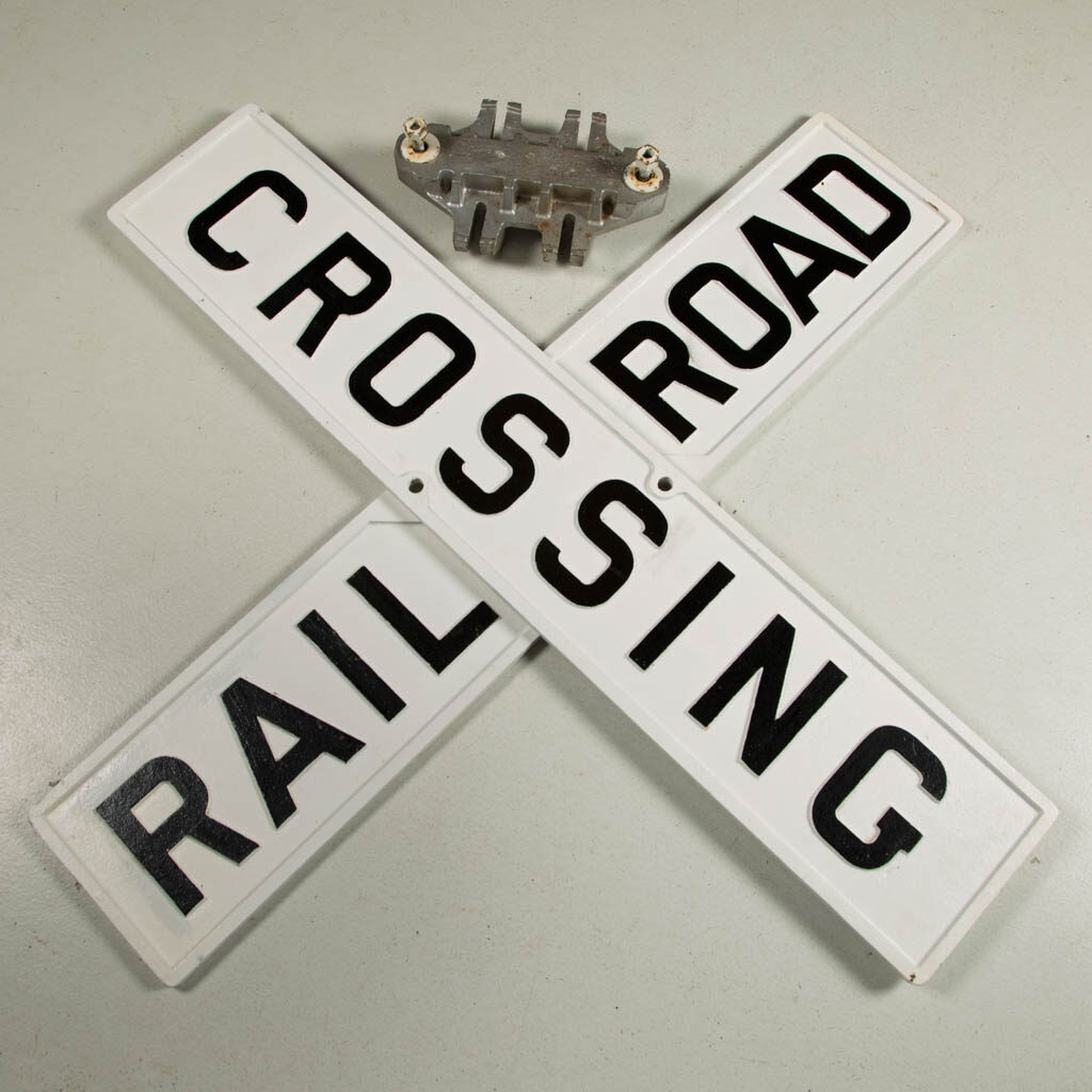 CAST IRON "RAILROAD CROSSING" RAILROAD SIGN, TWO PIECE SET