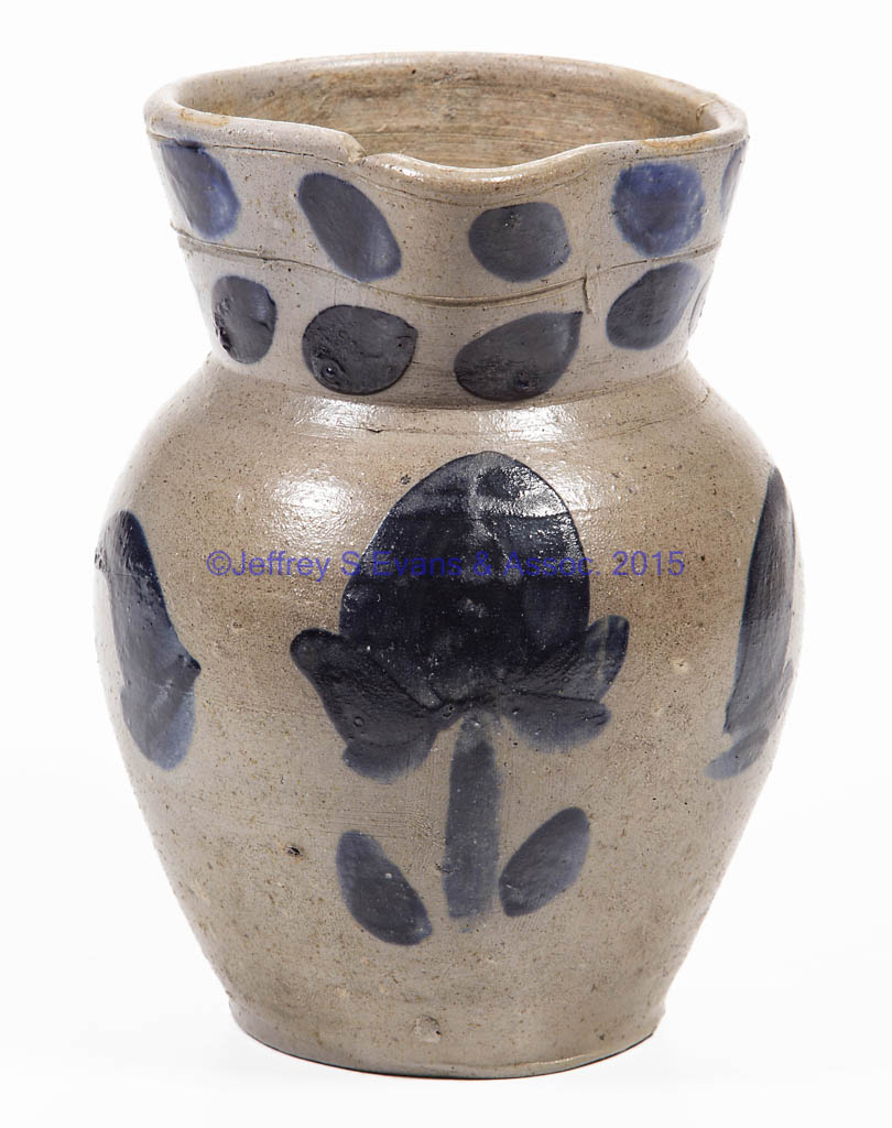 ZIGLER POTTERY, TIMBERVILLE, ROCKINGHAM CO., SHENANDOAH VALLEY OF VIRGINIA DECORATED STONEWARE DIMINUTIVE CREAM PITCHER