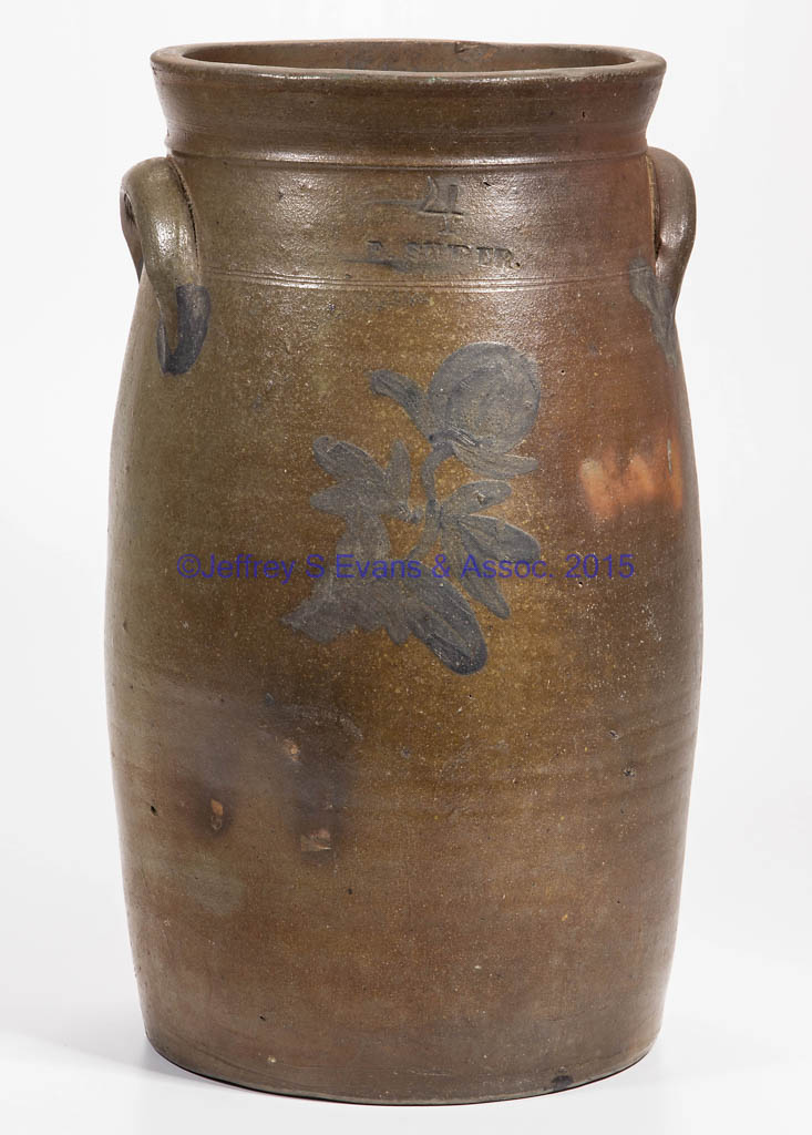 STAMPED "E. SUTER.", ROCKINGHAM CO., SHENANDOAH VALLEY OF VIRGINIA DECORATED STONEWARE CHURN