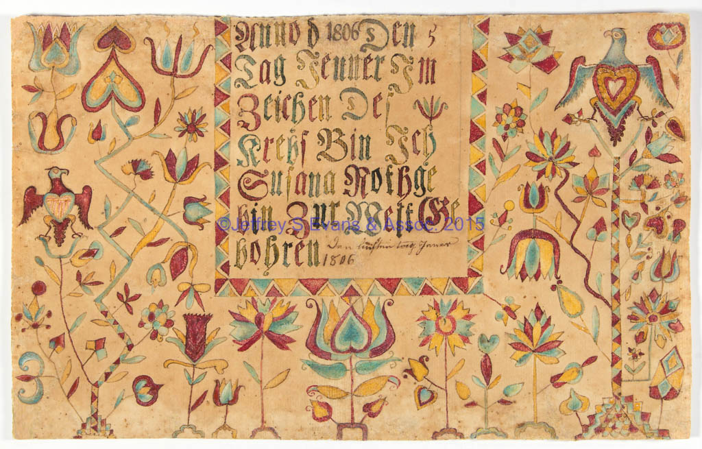 RARE AND IMPORTANT 1806 SUSANNA ROTHGEB, ROCKBRIDGE CO., SHENANDOAH VALLEY OF VIRGINIA TAUFSCHEIN FRAKTUR ATTRIBUTED TO JACOB STRICKLER
