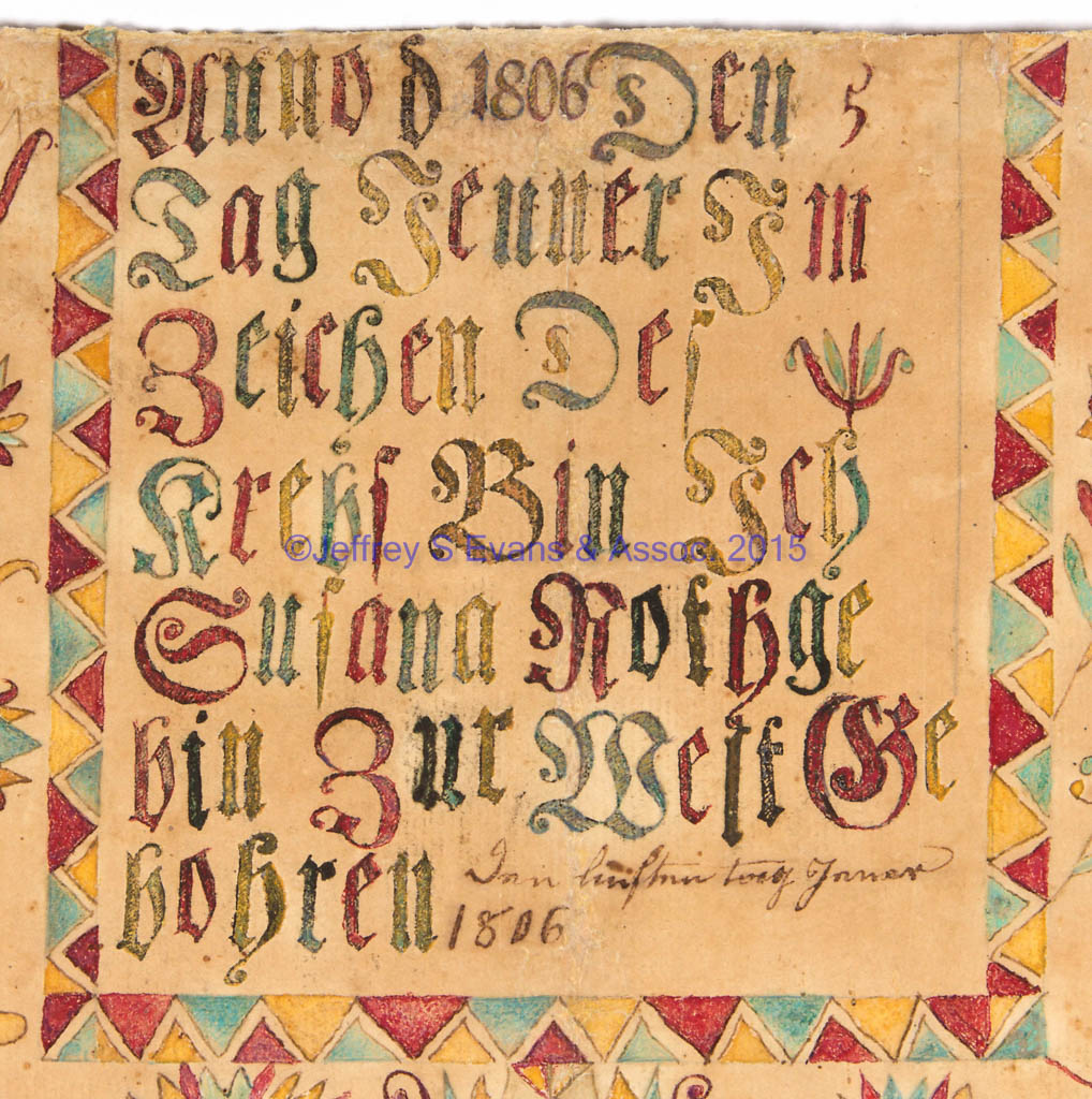 RARE AND IMPORTANT 1806 SUSANNA ROTHGEB, ROCKBRIDGE CO., SHENANDOAH VALLEY OF VIRGINIA TAUFSCHEIN FRAKTUR ATTRIBUTED TO JACOB STRICKLER