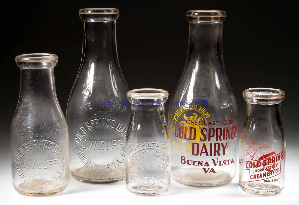 BUENA VISTA, VIRGINIA J. W. CUPP COLD SPRINGS DAIRY MILK BOTTLES, LOT OF FIVE